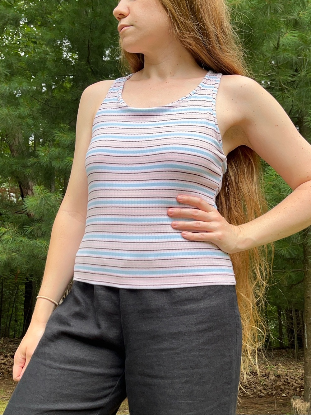 90s Prospirit Retro Athleisure Racerback Tank Top Size M Pastel Striped - Picture 4 of 12